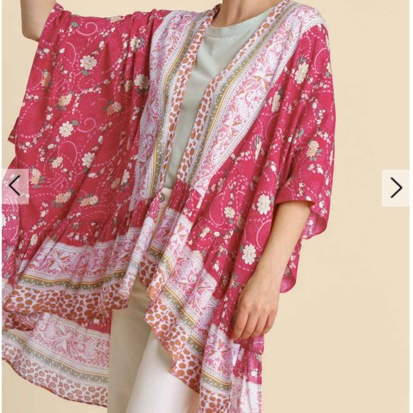 Tops - 244.Women's Mixed Floral & Animal Border Print Bell Sleeve Open Front Kimono NWT